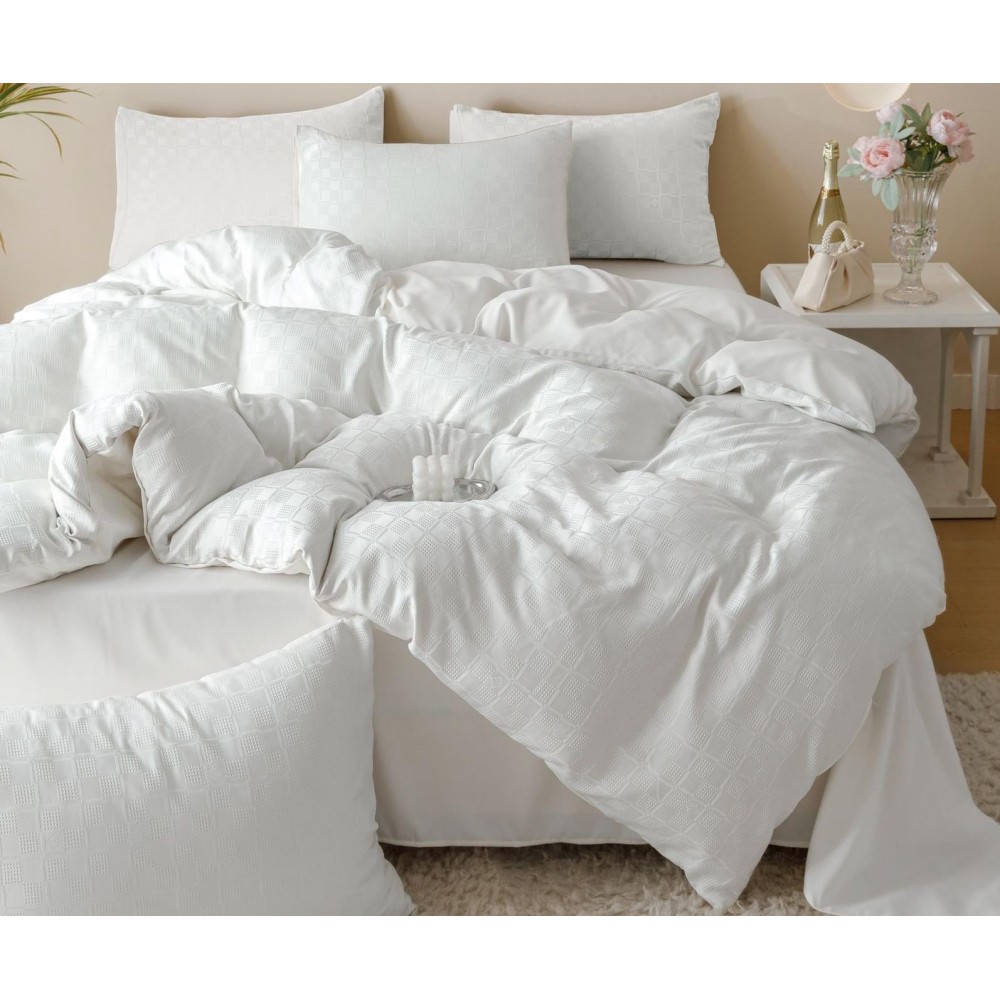 Lenjerie pat dublu, JACQUARD FINETAT, 6 piese, Jojo Home, Alb