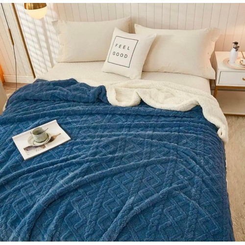 Patura CoCoLiNo tip Tricotaj cu blanita, 200x230cm, Jojo Home, Albastru