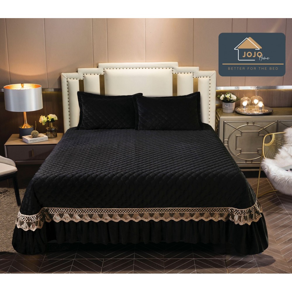 Cuvertura pat dublu, 3 piese, Catifea Matlasata cu Broderie Aurie, 230x250cm, Jojo Home, Negru JOCV1 Cuverturi catifea