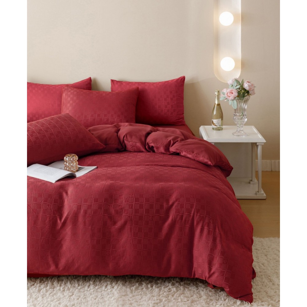 Lenjerie pat dublu, JACQUARD FINETAT, 6 piese, Jojo Home, Rosu Lenjerii JACQUARD finetat