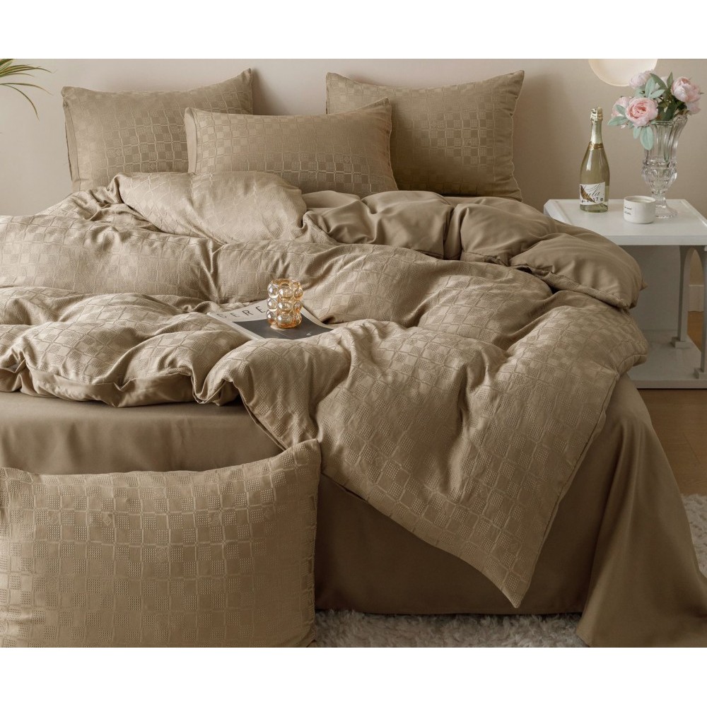 Lenjerie pat dublu, JACQUARD FINETAT, 6 piese, Jojo Home, Bej Lenjerii JACQUARD finetat