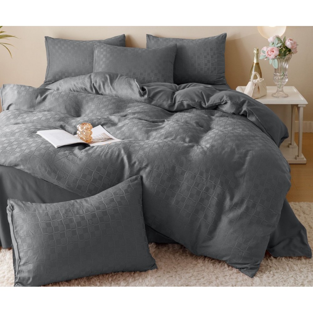 Lenjerie pat dublu, JACQUARD FINETAT, 6 piese, Jojo Home, Gri inchis Lenjerii JACQUARD finetat