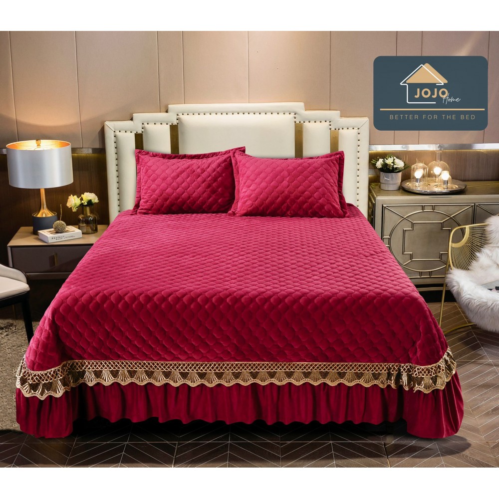 Cuvertura pat dublu, 3 piese, Catifea Matlasata cu Broderie Aurie, 230x250cm, Jojo Home,ROSUJ, JOCV5 Cuverturi catifea