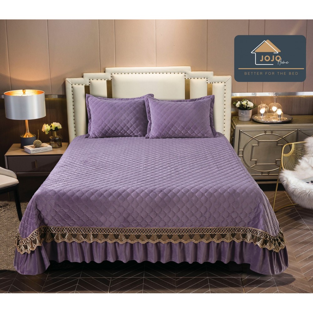 Cuvertura pat dublu, 3 piese, Catifea Matlasata cu Broderie Aurie, 230x250cm, Jojo Home,LILA, JOCV6 Cuverturi catifea