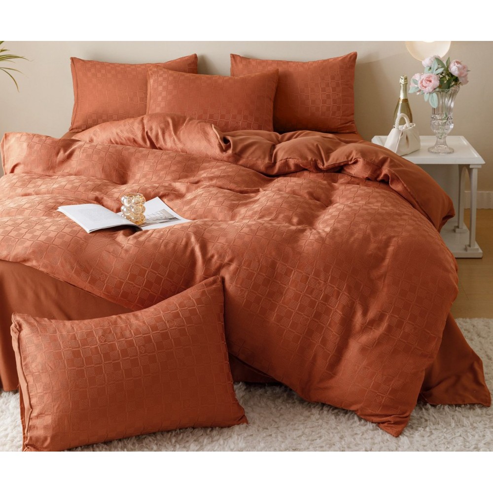 Lenjerie pat dublu, JACQUARD FINETAT, 6 piese, Jojo Home, Maro-caramiziu Lenjerii JACQUARD finetat