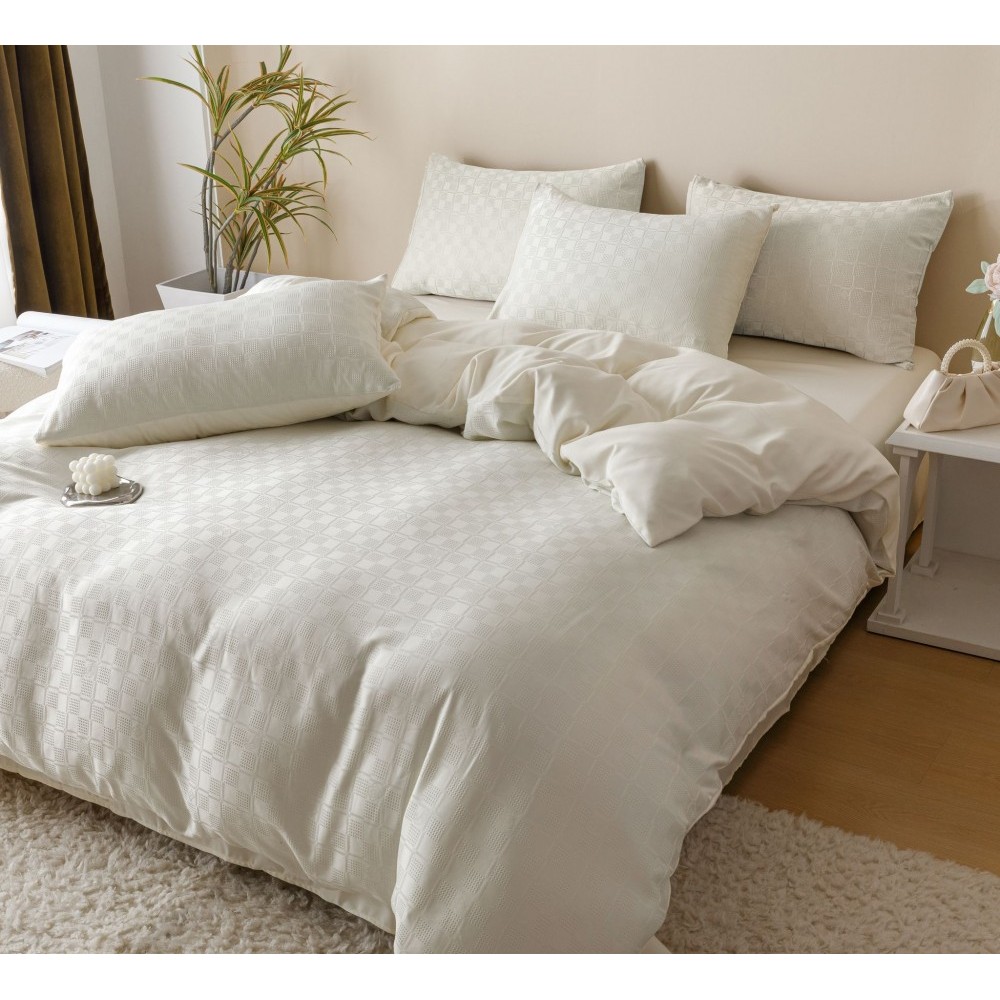 Lenjerie pat dublu, JACQUARD FINETAT, 6 piese, Jojo Home, Crem Lenjerii JACQUARD finetat