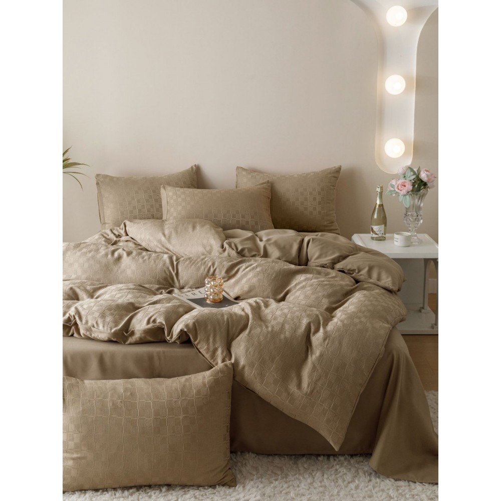 Lenjerie pat dublu, JACQUARD FINETAT, 6 piese, Jojo Home, Bej Lenjerii JACQUARD finetat