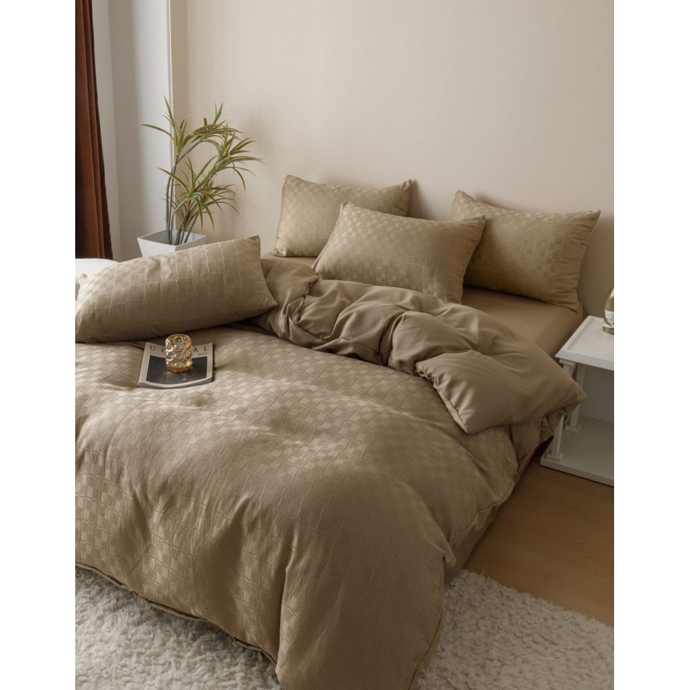 Lenjerie pat dublu, JACQUARD FINETAT, 6 piese, Jojo Home, Bej Lenjerii JACQUARD finetat