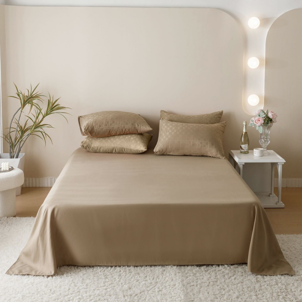 Lenjerie pat dublu, JACQUARD FINETAT, 6 piese, Jojo Home, Bej Lenjerii JACQUARD finetat