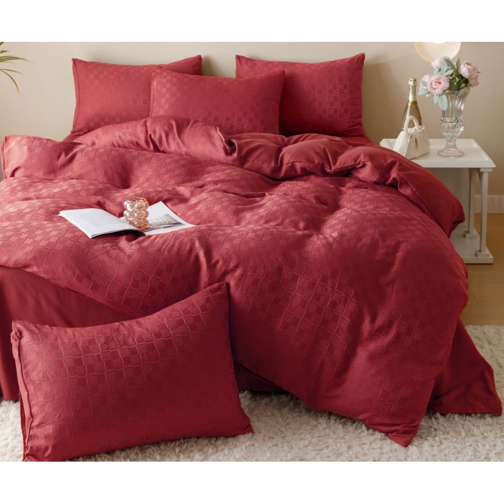 Lenjerie pat dublu, JACQUARD FINETAT, 6 piese, Jojo Home, Rosu Lenjerii JACQUARD finetat