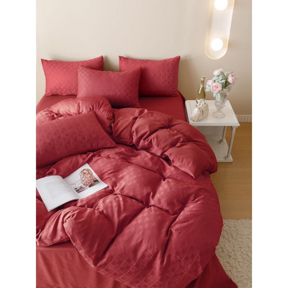 Lenjerie pat dublu, JACQUARD FINETAT, 6 piese, Jojo Home, Rosu Lenjerii JACQUARD finetat