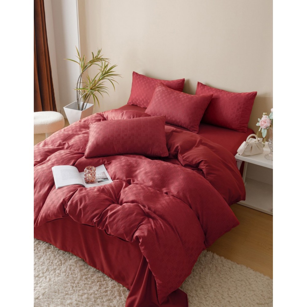 Lenjerie pat dublu, JACQUARD FINETAT, 6 piese, Jojo Home, Rosu Lenjerii JACQUARD finetat