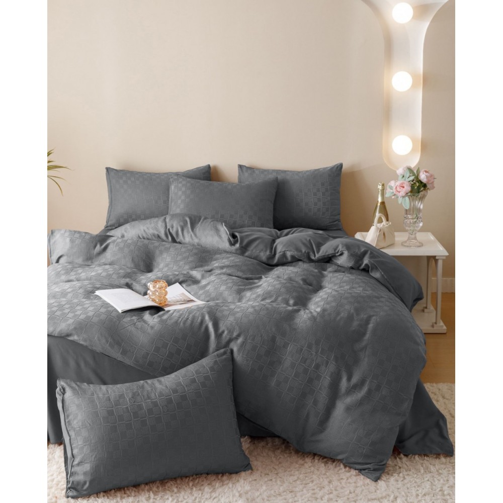 Lenjerie pat dublu, JACQUARD FINETAT, 6 piese, Jojo Home, Gri inchis Lenjerii JACQUARD finetat