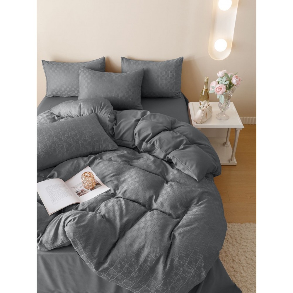 Lenjerie pat dublu, JACQUARD FINETAT, 6 piese, Jojo Home, Gri inchis Lenjerii JACQUARD finetat