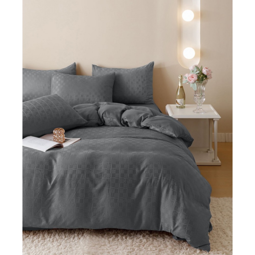 Lenjerie pat dublu, JACQUARD FINETAT, 6 piese, Jojo Home, Gri inchis Lenjerii JACQUARD finetat