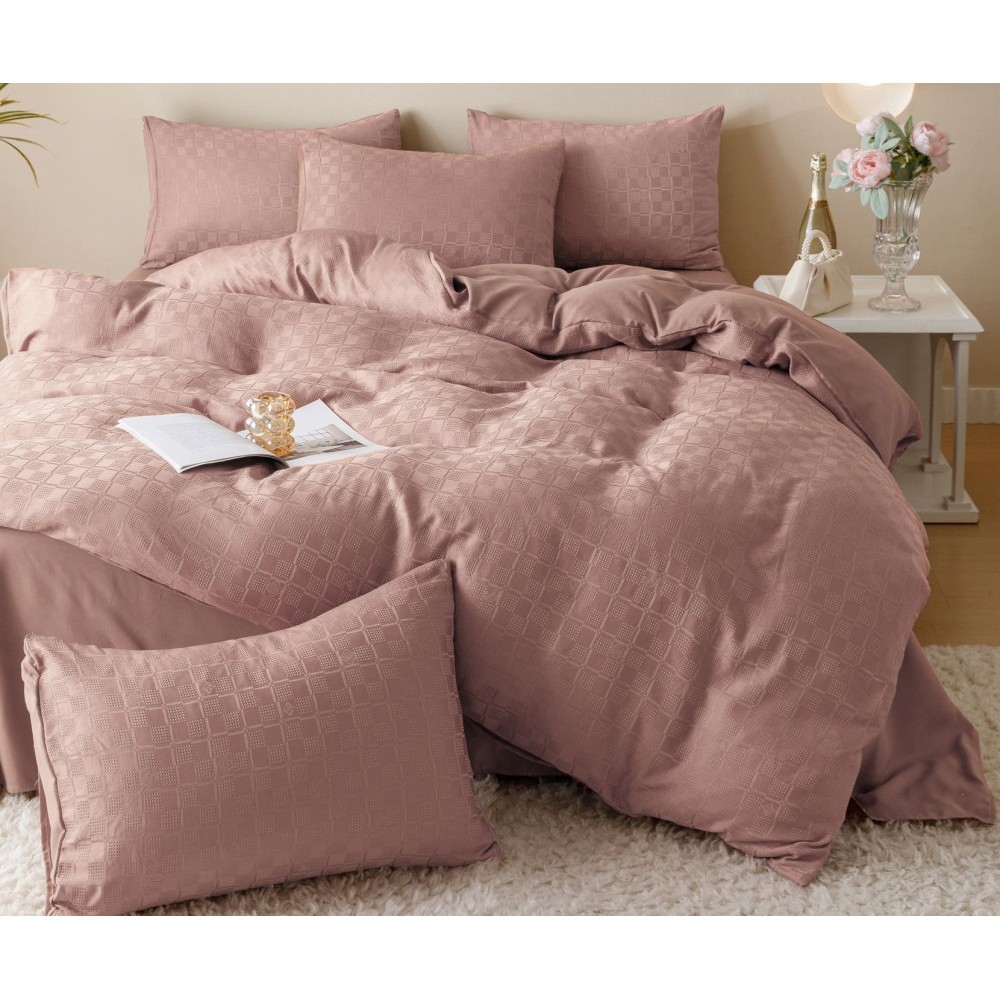 Lenjerie pat dublu, JACQUARD FINETAT, 6 piese, Jojo Home, Roz pudra Lenjerii JACQUARD finetat