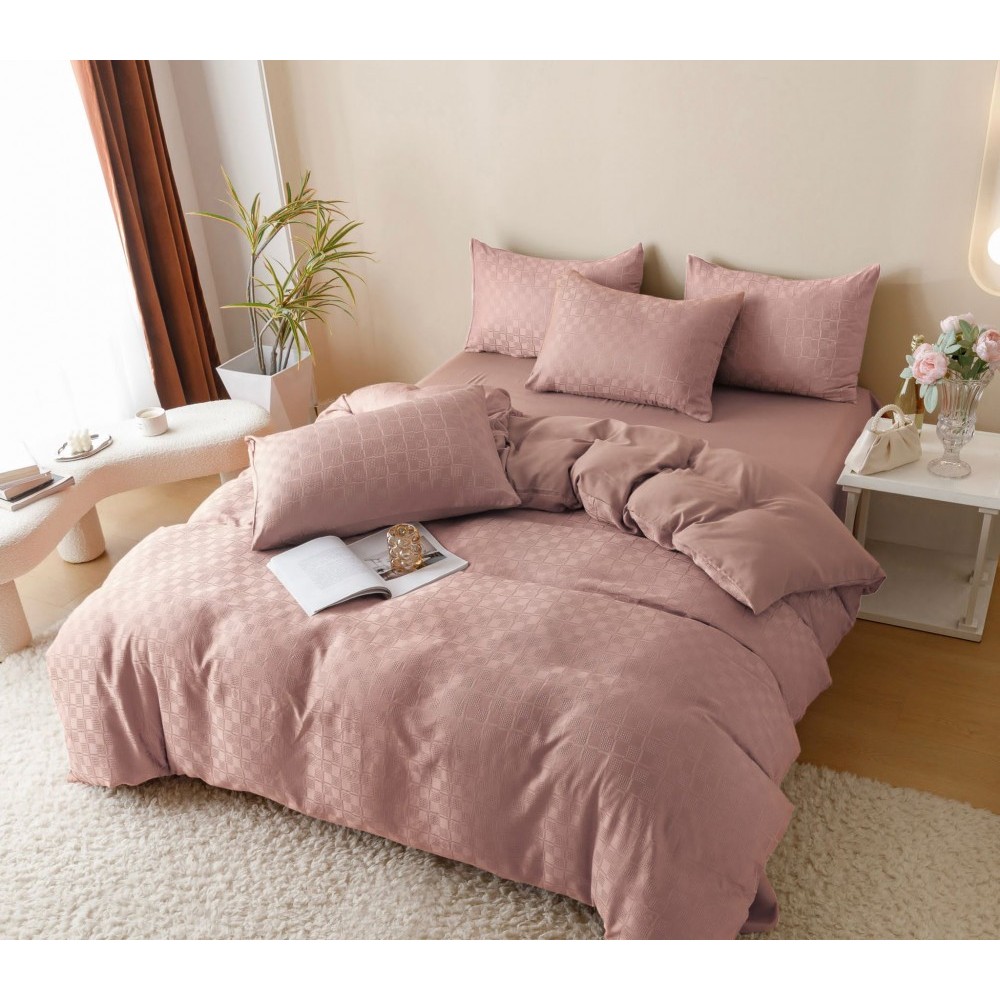 Lenjerie pat dublu, JACQUARD FINETAT, 6 piese, Jojo Home, Roz pudra Lenjerii JACQUARD finetat