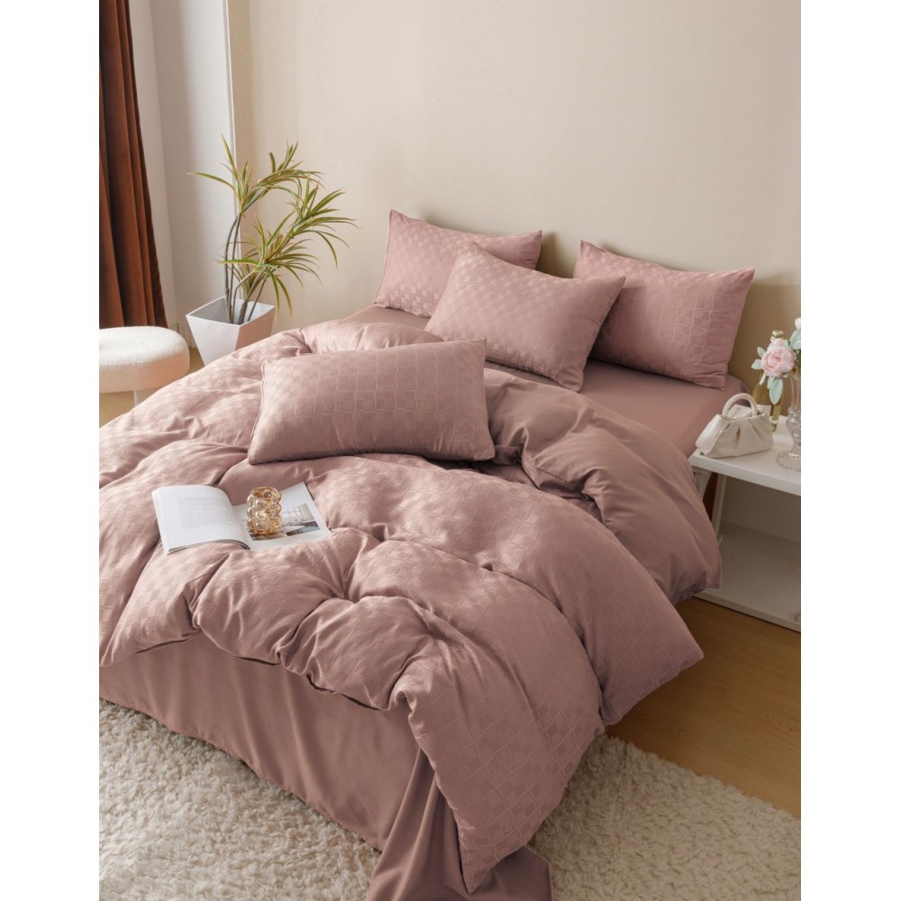 Lenjerie pat dublu, JACQUARD FINETAT, 6 piese, Jojo Home, Roz pudra Lenjerii JACQUARD finetat