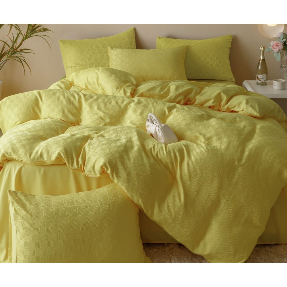 Lenjerie pat dublu, JACQUARD FINETAT, 6 piese, Jojo Home, Galben lemon Lenjerii JACQUARD finetat