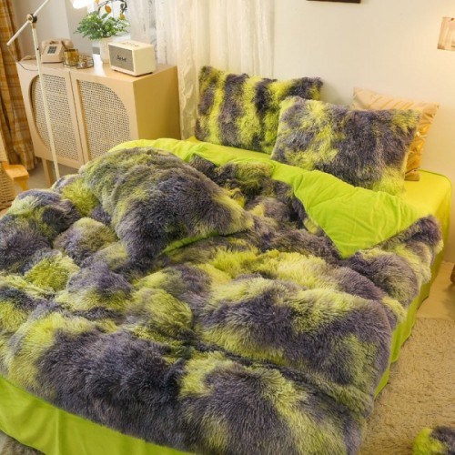 Lenjerie De Pat Pufoasa FLUFFY - Gri & Verde